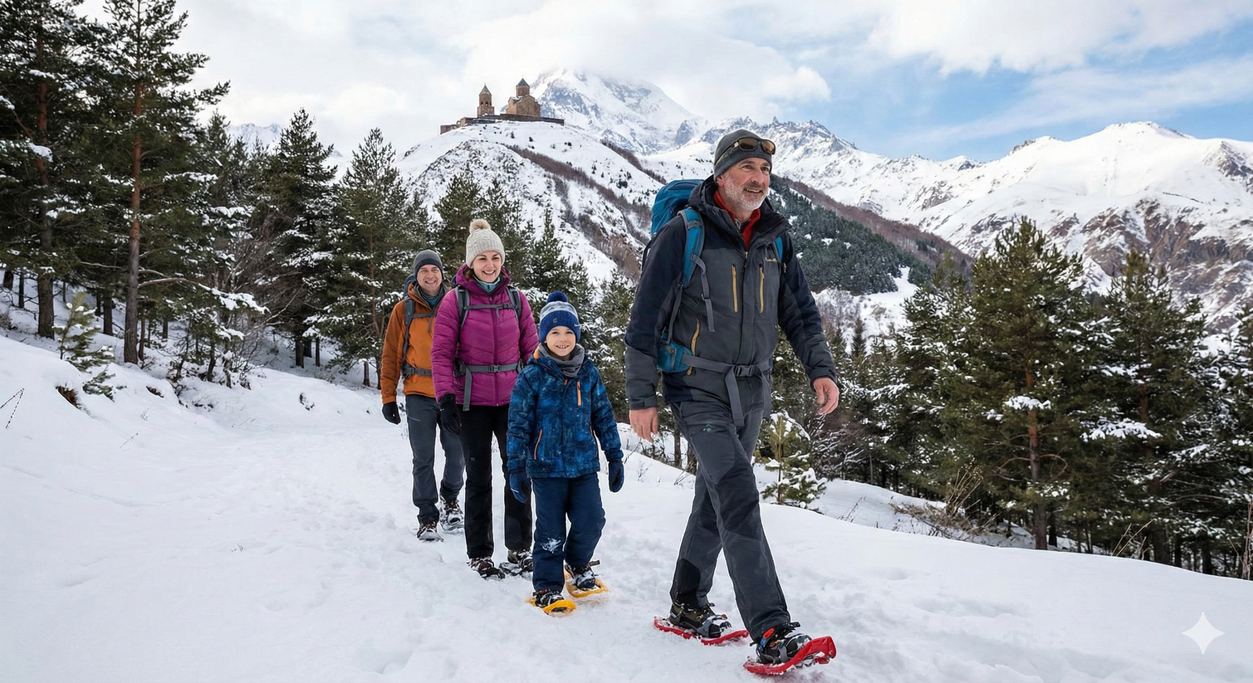 family are walking on the mountain in Georgia